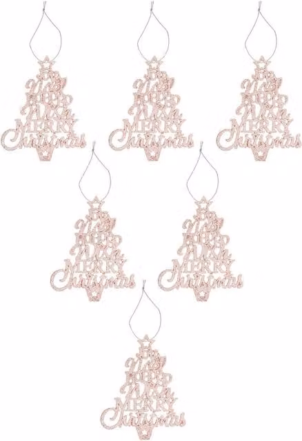 VFM e-Store Set of 6 Hanging Glitter Tree Christmas Ornaments in Champagne and Beige, W/D/H: 19.6 x 10.9 x 1.5 cm – 1