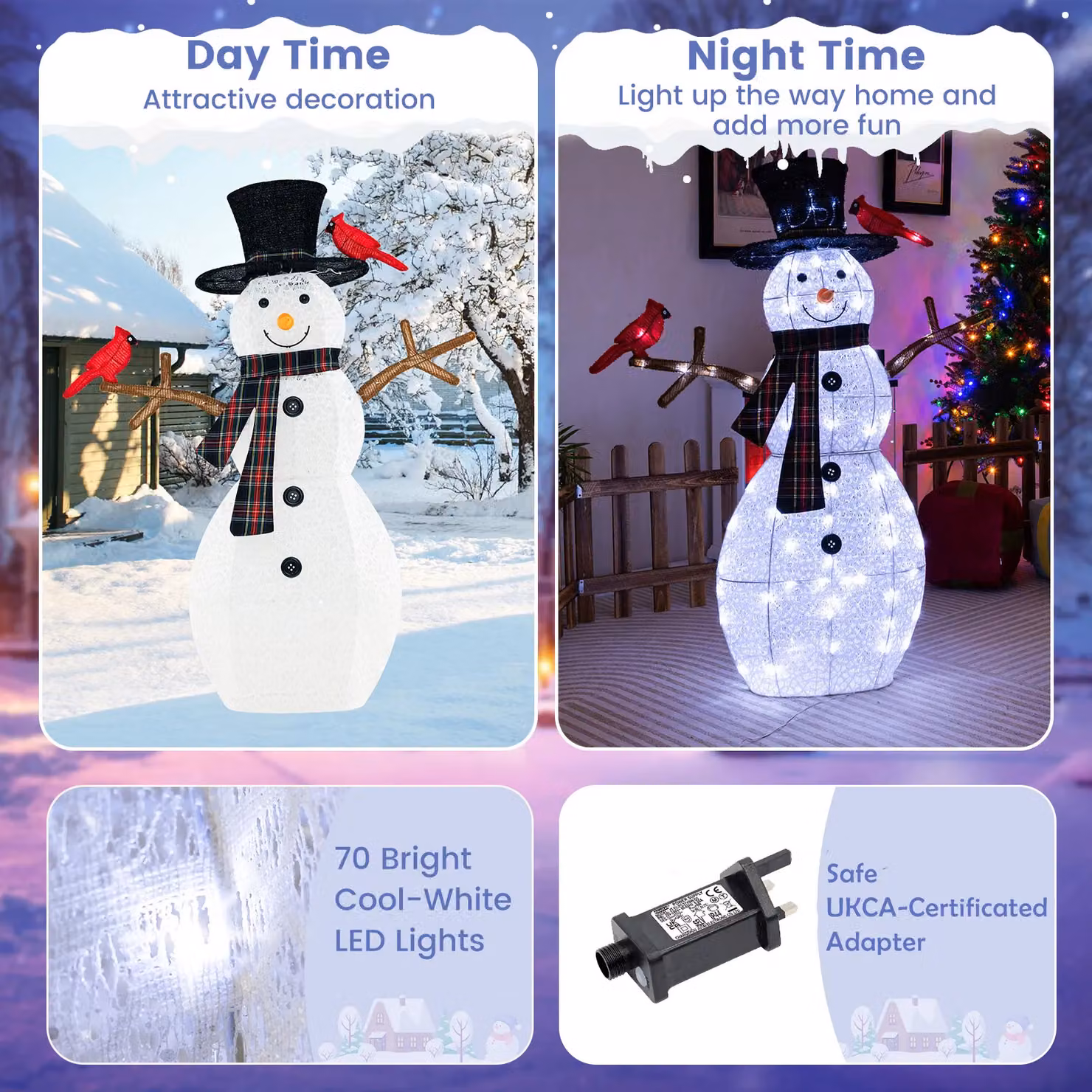 Gymax Pre-Lit Snowman and Redbirds Christmas Decor with 70 LED Lights, White and Multicolour, Height: 127 cm – 4