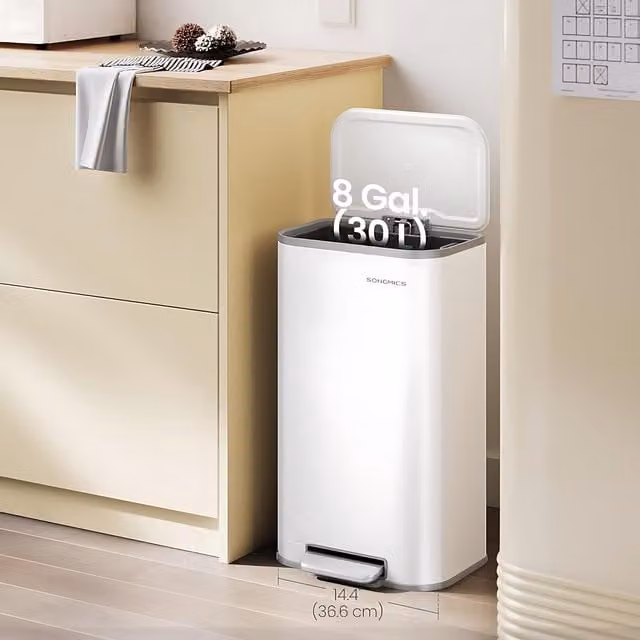 The Bazaarist Soft Close Kitchen Pedal Waste Bin with Removable Inner Bucket, White, W/D/H: 36.6 x 30.0 x 60.8 cm