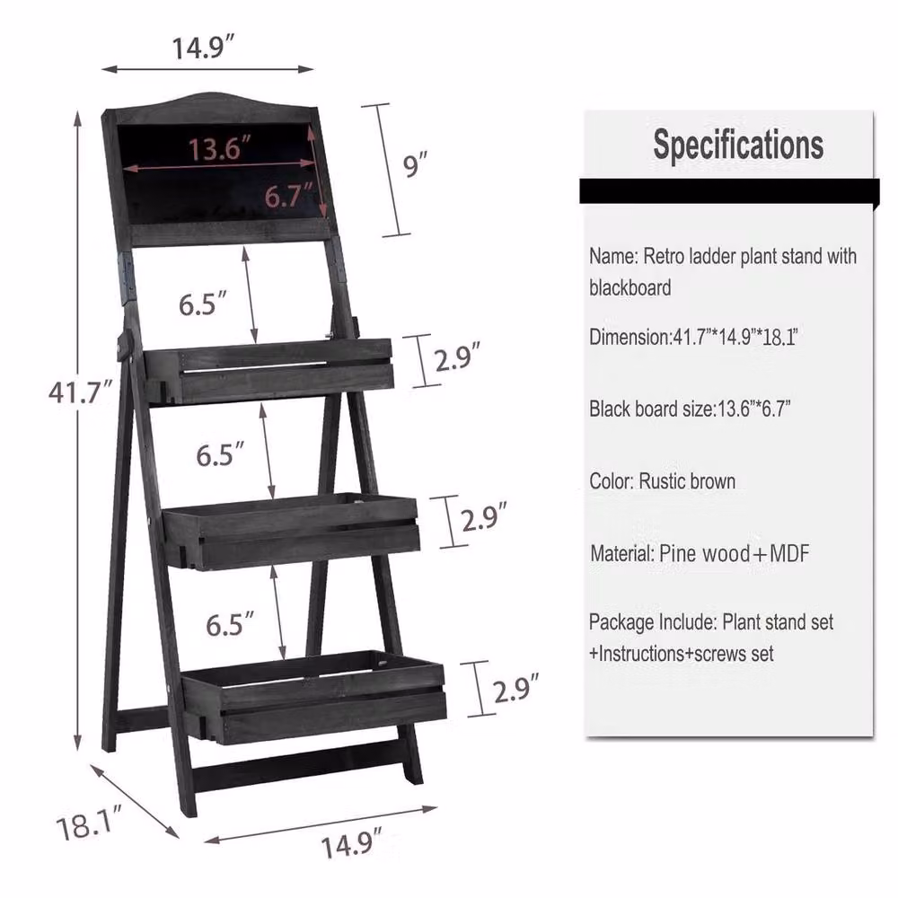 KORVIXA Black Ladder Style Freestanding Plant Stand and Shelf with Back Panel – 2
