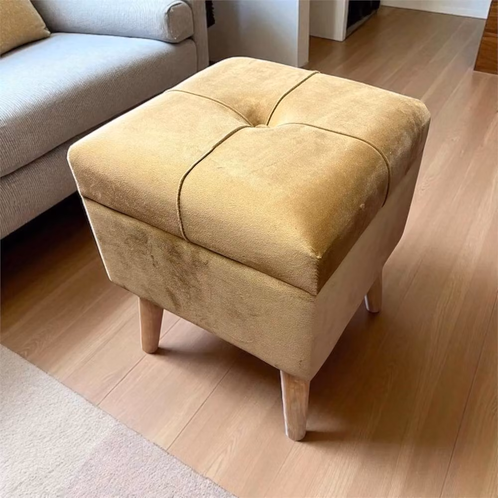 Havendro Mustard Yellow Velvet Square Ottoman with Gold Lift-Up Storage Footstool – 3