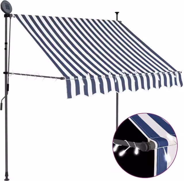 Berkfield Home Manual Retractable Awning with LED, Blue and White Striped Polyester and Steel – 1