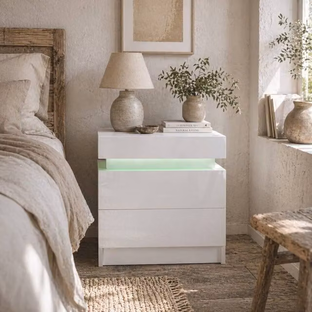Wyld Haus Rema High Gloss White Bedside Table with 2 Drawers and Integrated LED Lighting W/D/H: 35 x 45 x 52 cm