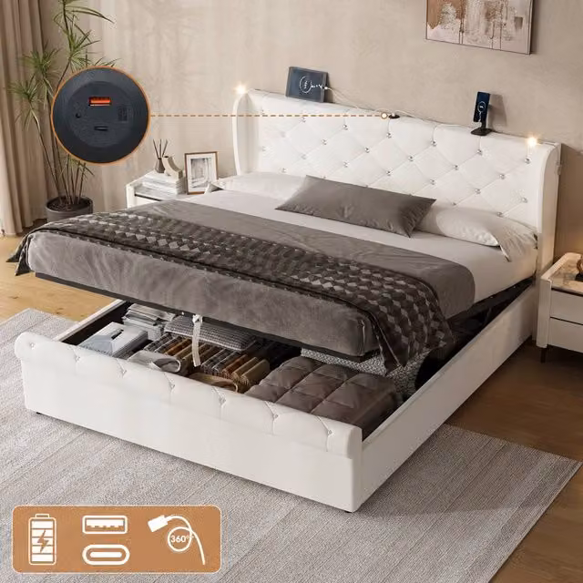 ModernLuxe Upholstered King Bed with Ottoman Storage, Headboard, Integrated Reading Light and USB Charging Port in White, W/D/H: 160 x 200 x 102 cm