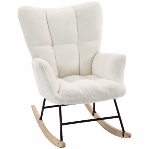 HOMCOM Bouclé Rocking Chair with Armrests in White and Beige, W/D/H: 66 x 90 x 90 cm – 1