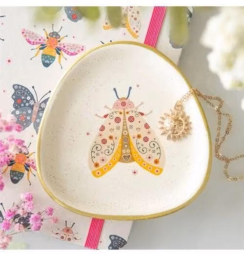 KDMD Floral Moth Trinket Dish in White and Gold