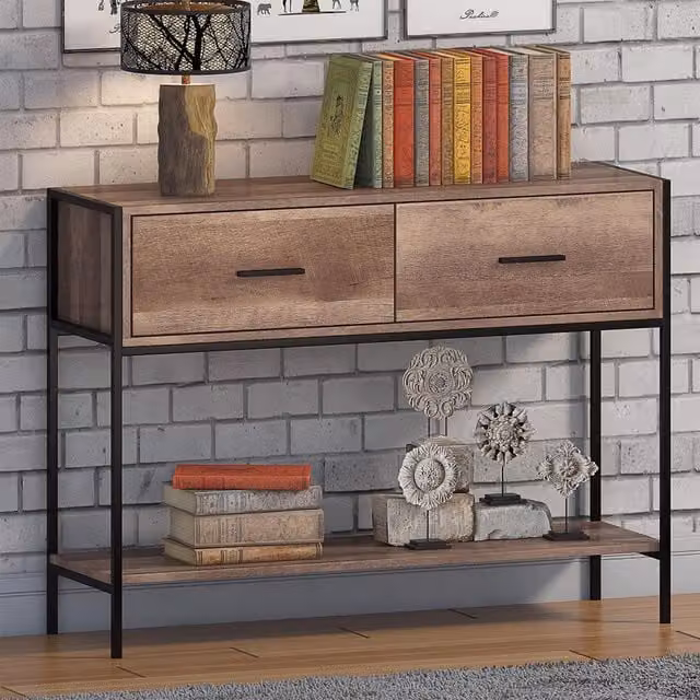 FWStyle Industrial Inspired 2 Drawer Console Table in Urban Brown and Black