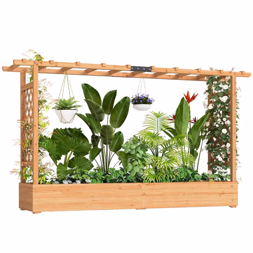 OUTSUNNY Wooden Raised Garden Bed with Trellis in Natural Brown, W: 200 cm, D: 44 cm, H: 113.5 cm – 2
