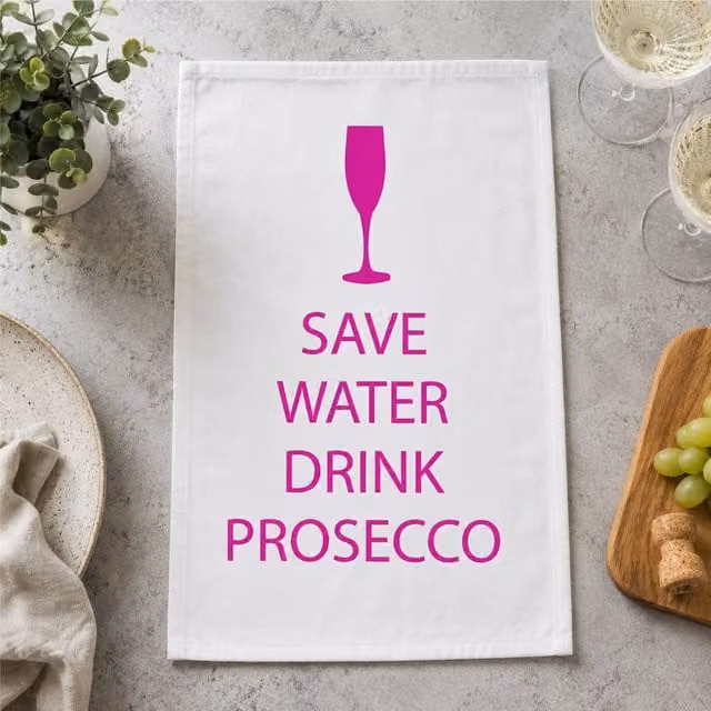 60 Second Makeover Save Water Drink Prosecco White Cotton Tea Towel in Pink and White