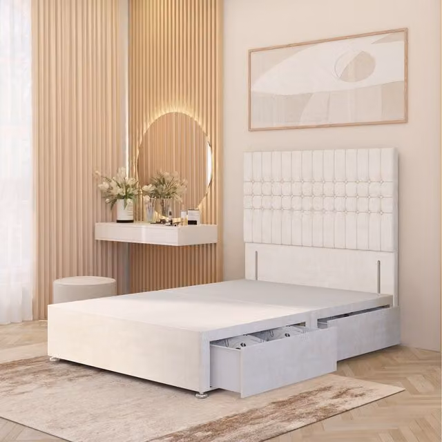 Somnior Beds Ltd Lexington Divan Bed Base with Floor Standing Headboard in Ivory Plush Velvet with Drawers, W/D/H: 140 x 200 cm