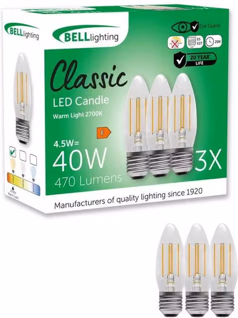 BELL Lighting E27 LED Filament Bulb, Warm White, 4.5W, 470lm, Pack of 6 – 1