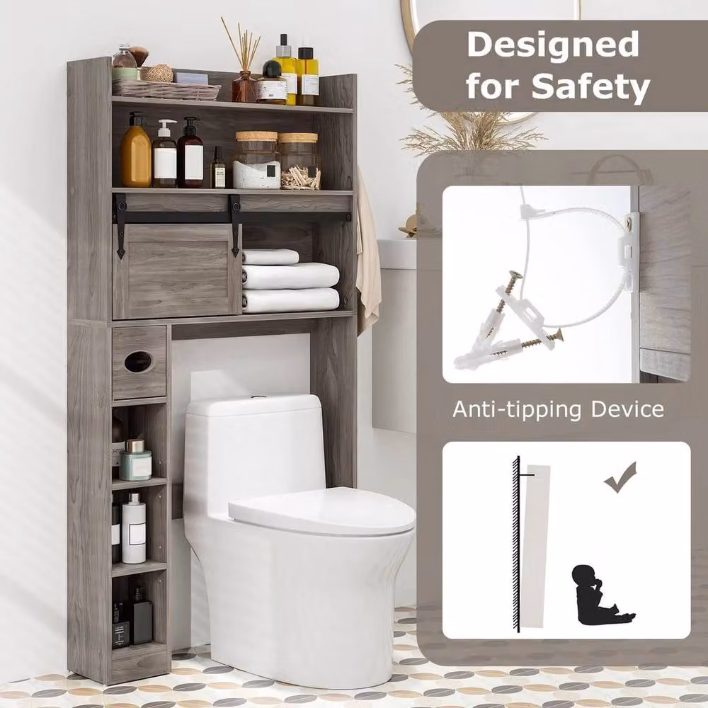 VOGREX Grey Modern Over Toilet Storage Cabinet with Sliding Doors and Internal Shelves – 4