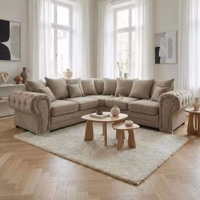Abakus Direct Verona L-Shape Chesterfield Corner Sofa in Taupe with Solid Wood Frame and Scatter Cushions, W: 245 cm, D: 80 cm, H: 85 cm