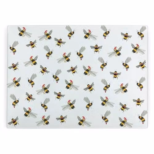 Purely Home Christmas Bees Glass Rectangular Chopping Board with Non-Slip Feet, W: 39 cm, D: 28.5 cm