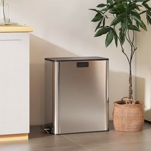 HOMCOM Dual Kitchen Pedal Bin with Soft-Close Butterfly Lid and Removable Inner Buckets, Silver Tone, 30L – 5