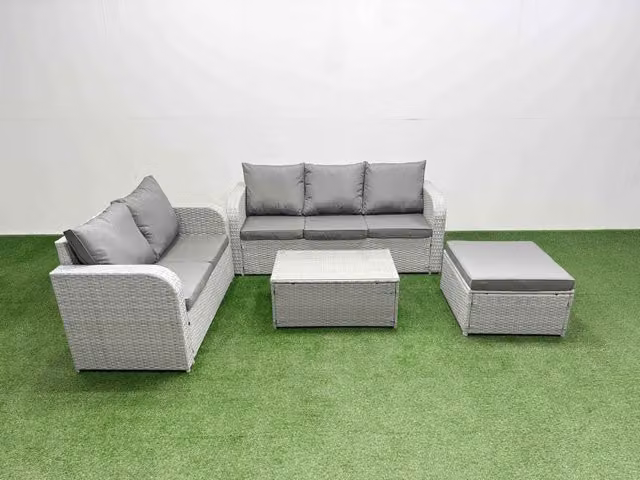 Fimous 6 Seater Grey PE Rattan Wicker Garden Furniture Set with 3 Seater Sofa, Love Seat, Big Footstool and Rectangular Coffee Table