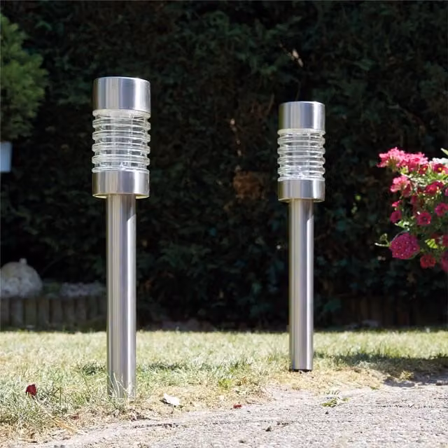 Luxform LED Solar Torino Post Light, Pack of 2, Silver Stainless Steel with Dusk Sensor