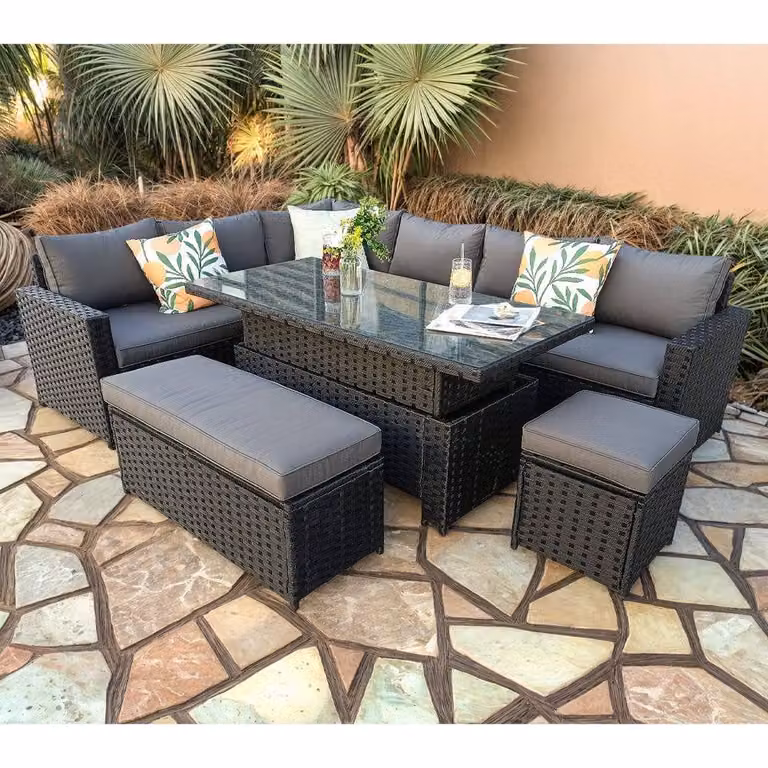 Furniture Maxi Barcelona 9 Seater Black Rattan Garden Dining Set with Height Adjustable Rising Table