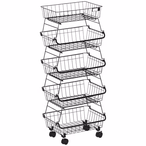 HOMCOM 5 Tier Metal Storage Trolley with Wire Baskets in Black – 1
