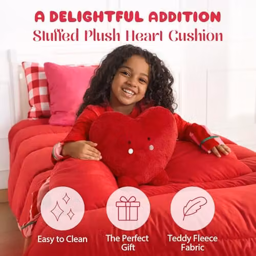 OHS Red Teddy Fleece Heart Shaped Plush Cushion, W/D/H: 35 x 31 x 61 cm – 2