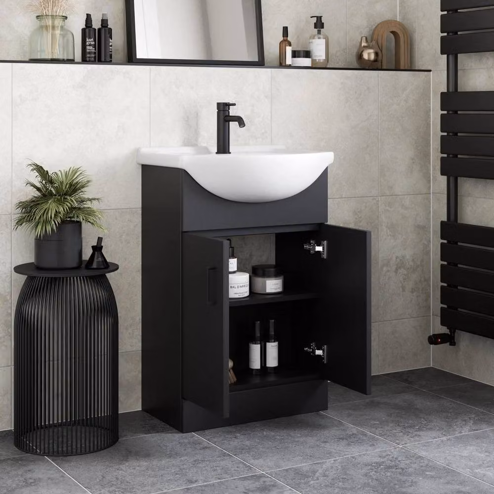 FORGEVIO Black Modern Freestanding Bathroom Vanity Unit with Ceramic Basin and Internal Shelves – 2