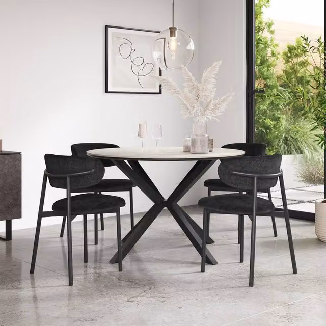 More4Homes Calne White Marble Ceramic Round Dining Table and 6 Myla Beige Linen Chairs – 1