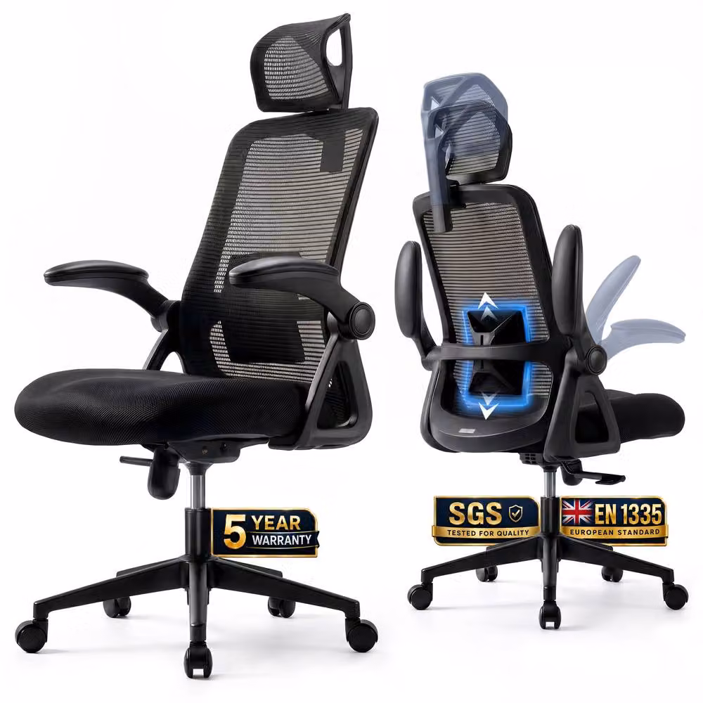 Realm of Thrones Black Mesh Office and Gaming Chair with Flip-Up Armrests and Adjustable Lumbar Support – 2