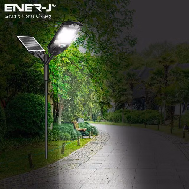 Ener-J 100W Solar LED Streetlight with 6V 12W Solar Panel, 12000 mAh Battery and Motion Sensor, Cool White, White