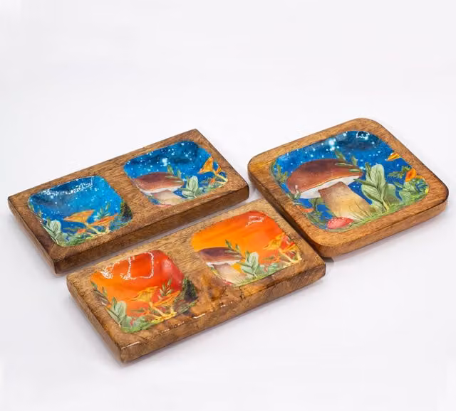 KDMK Rectangular Floral Wood Trinket Tray in Maroon, Brown and Multicolour, W/D/H: 20.0 x 10.0 x 2.5 cm