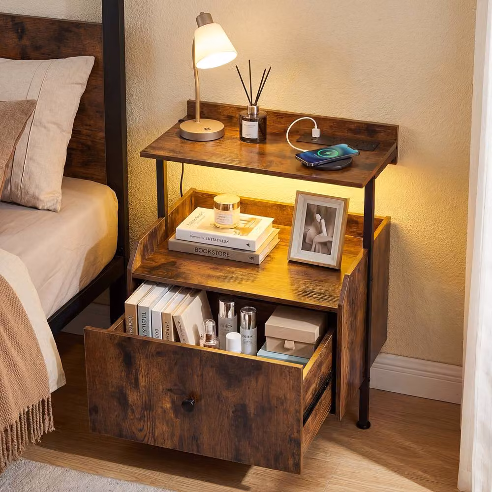 Gymax Industrial Bedside Nightstand with Integrated Lighting and Charging Station, Brown – 4