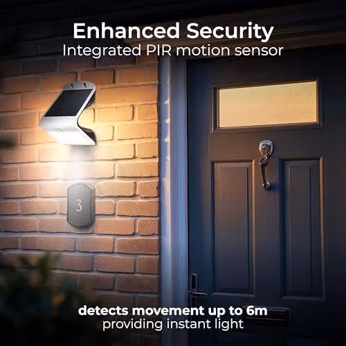 Luceco Solar Powered LED Outdoor Wall Light with PIR Motion and Dusk Sensors, 400lm, 4000K, IP44, White or Black – 3