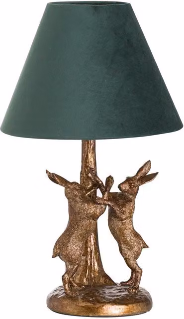 Love Lace Antique Gold Marching Hares Tabletop Lamp with Green Velvet Shade – 1