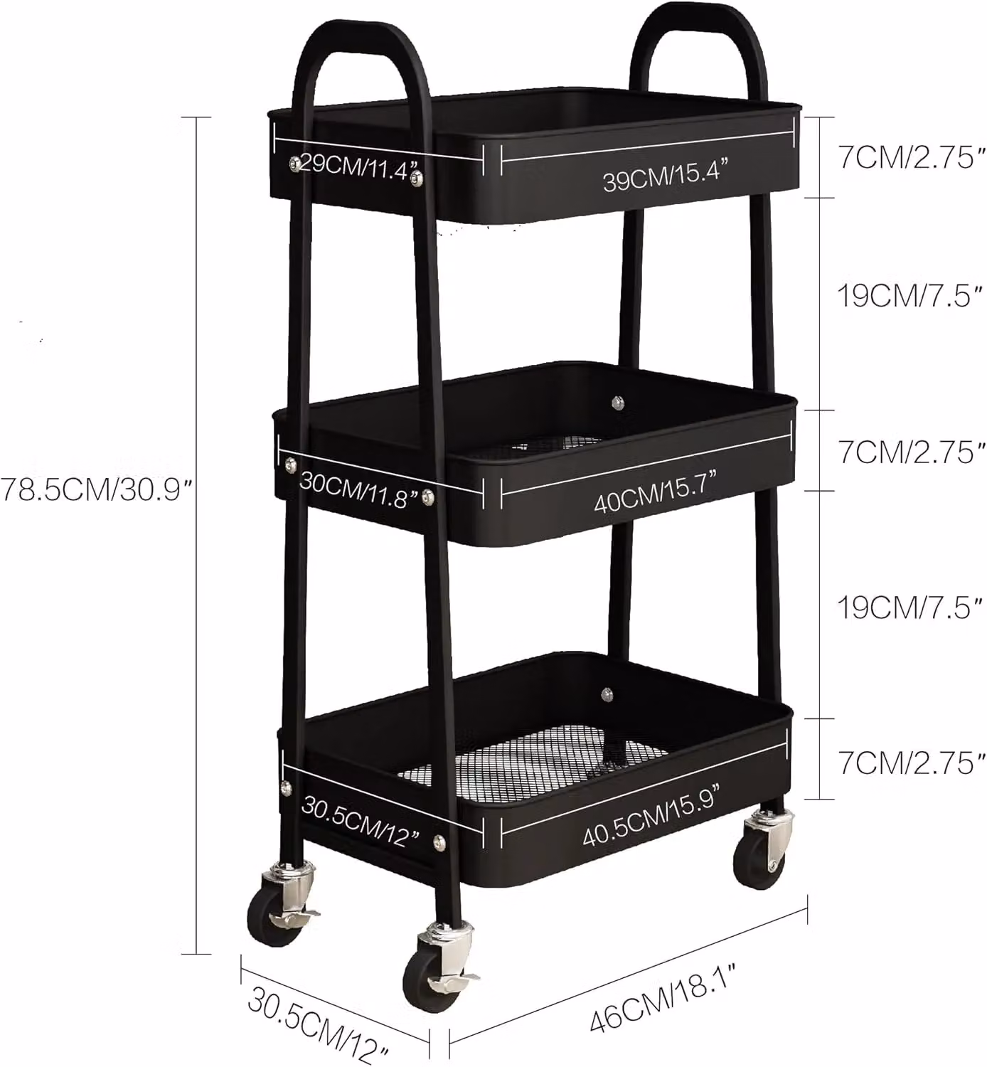 Simpa 3 Tier Metal Multipurpose Wheeled Storage Tray Cart in Black, H 78.5 x W 46 x D 30.5 cm – 2