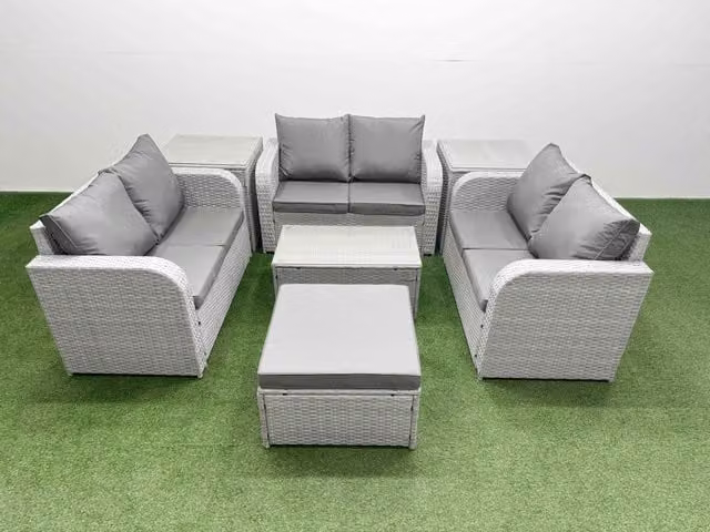 Fimous 7 Seater PE Wicker Rattan Garden Furniture Set in Light Grey with Rectangular Coffee Table, 2 Seater Love Sofa, Footstool and 2 Side Tables
