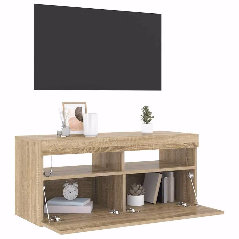 Berkfield Home Modern TV Cabinet with LED Lights in Sonoma Oak and Light Tan, W/D/H: 90 x 35 x 40 cm – 3