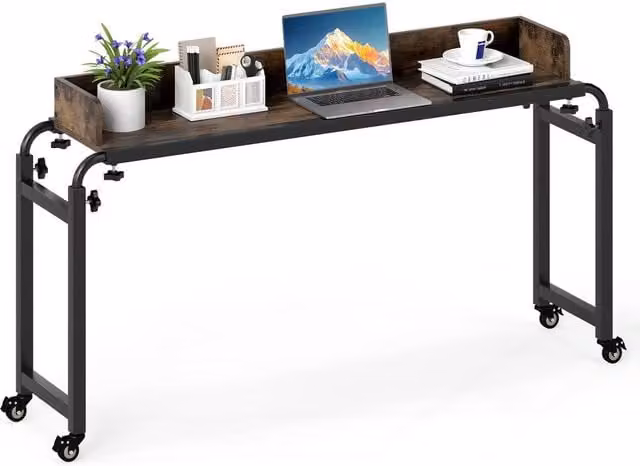 Gymax Adjustable Height Mobile Overbed Computer Desk with Castors in Brown