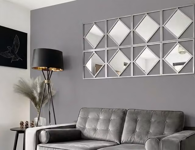 DEENZ Set of 3 Silver Diamond Shape Square Frame Wall Mirrors, Diameter: 40 cm