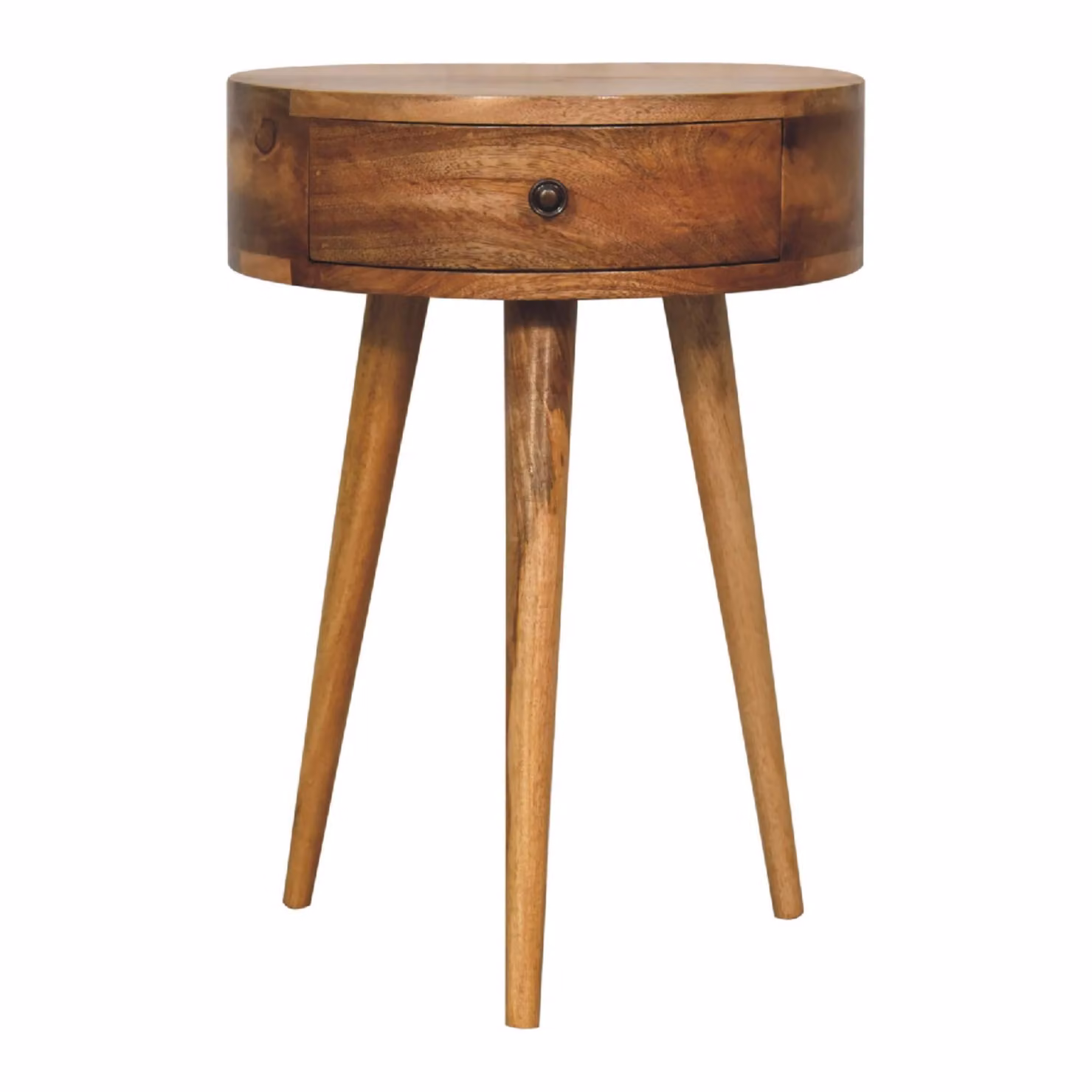 Aosom UK Solid Mango Wood Mini Circular Bedside Table with Smooth-Glide Drawer and Oak-Effect Finish, Brown, W: 40 cm, D: 32 cm, H: 52 cm – 2