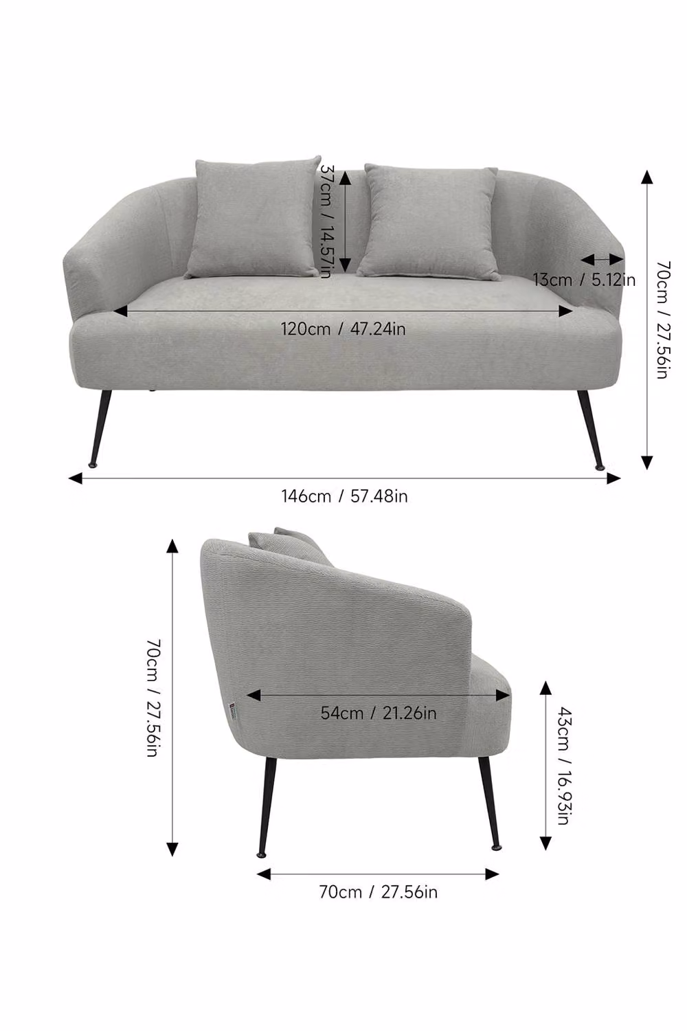 Living and Home Modern Chenille 2-Seater Sofa in Grey with 2 Scatter Cushions – 2