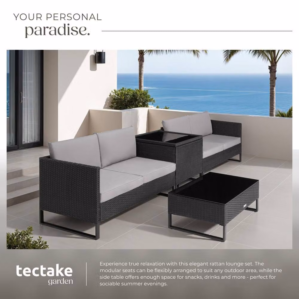 tectake Ostuni 4-Person Garden Furniture Set in Black with Upholstered Cushions and Glass Coffee Table – 4