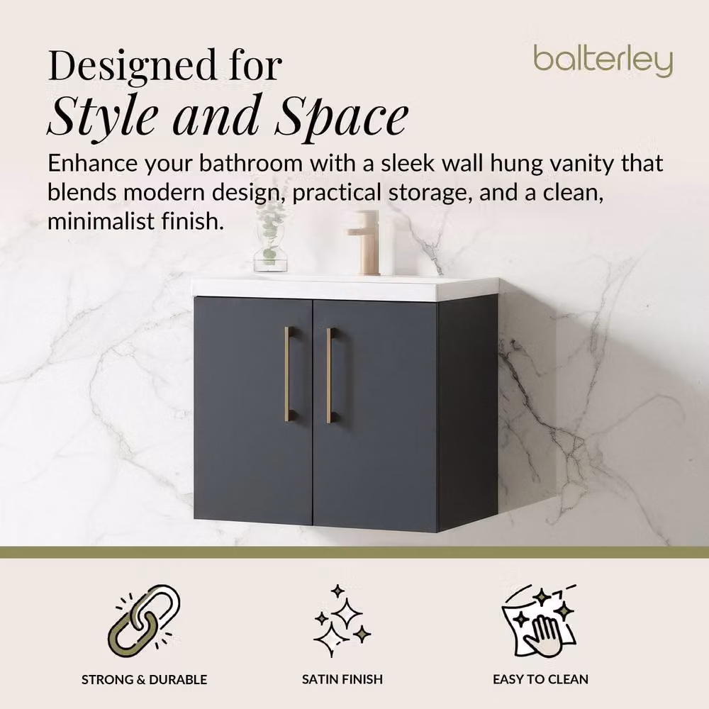 Balterley Modern Wall Hung Bathroom Vanity Unit with Soft Close Doors and Rectangular Mid-Edge Basin, Dark Grey, W: 60 x D: 39 x H: 61 cm – 2