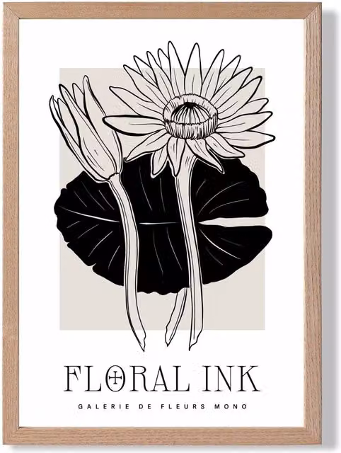 ARTZE Water Lillies Black and Beige Floral Ink Sketch Framed Print with Oak Frame – 1