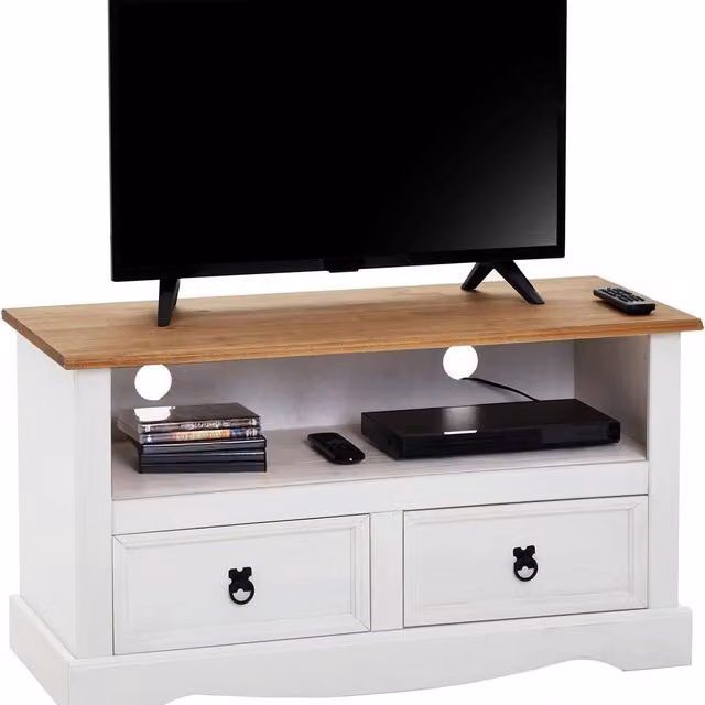 Mews White Lacquered Pine 2 Drawer Flat Screen TV Unit W/D/H: 120 x 40 x 51 cm