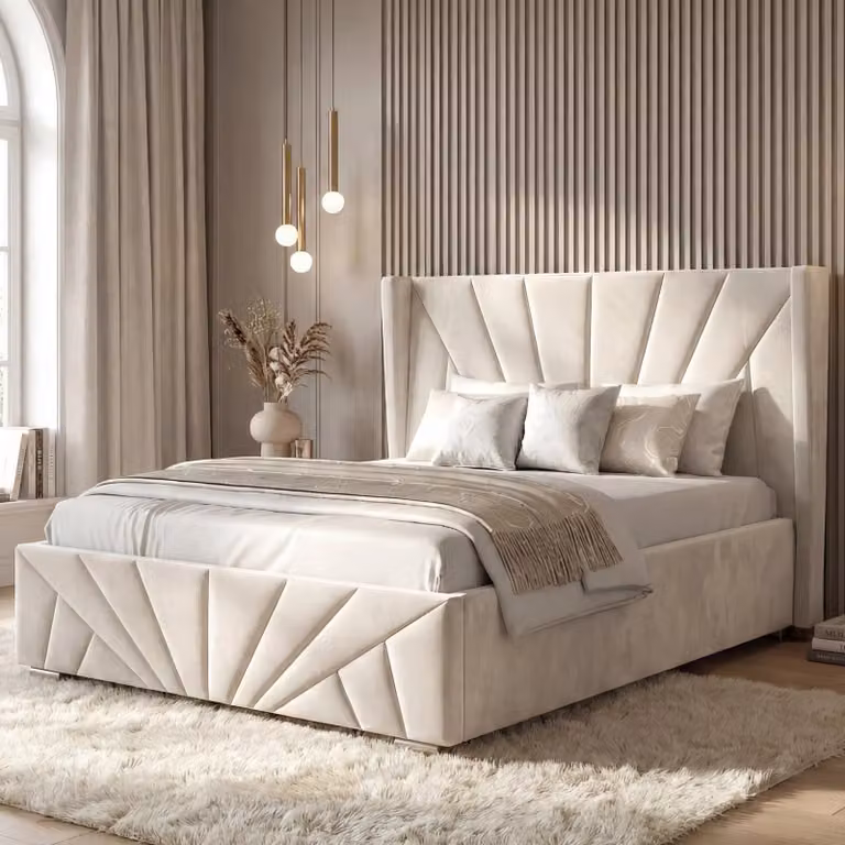 DHS Sunrise Velvet Ottoman Storage Bed Frame in Beige, W/D/H: 120 x 200 cm