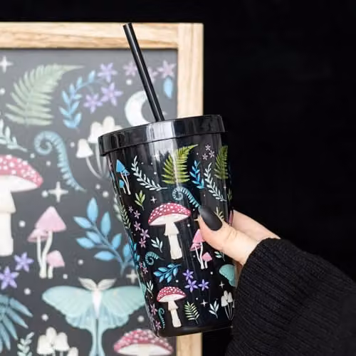 KDMD Dark Forest Print Plastic Tumbler with Straw, Black, 500ml – 2