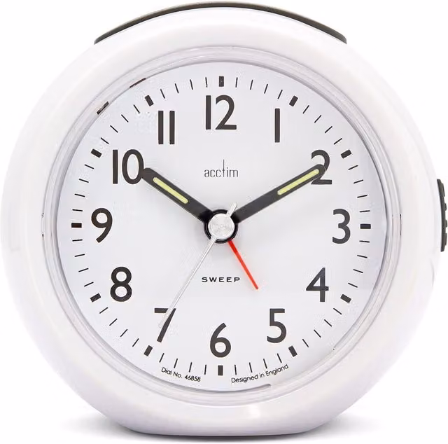 Acctim Grace Round Analogue Silent Sweep Bedroom Alarm Clock with Snooze Function in White