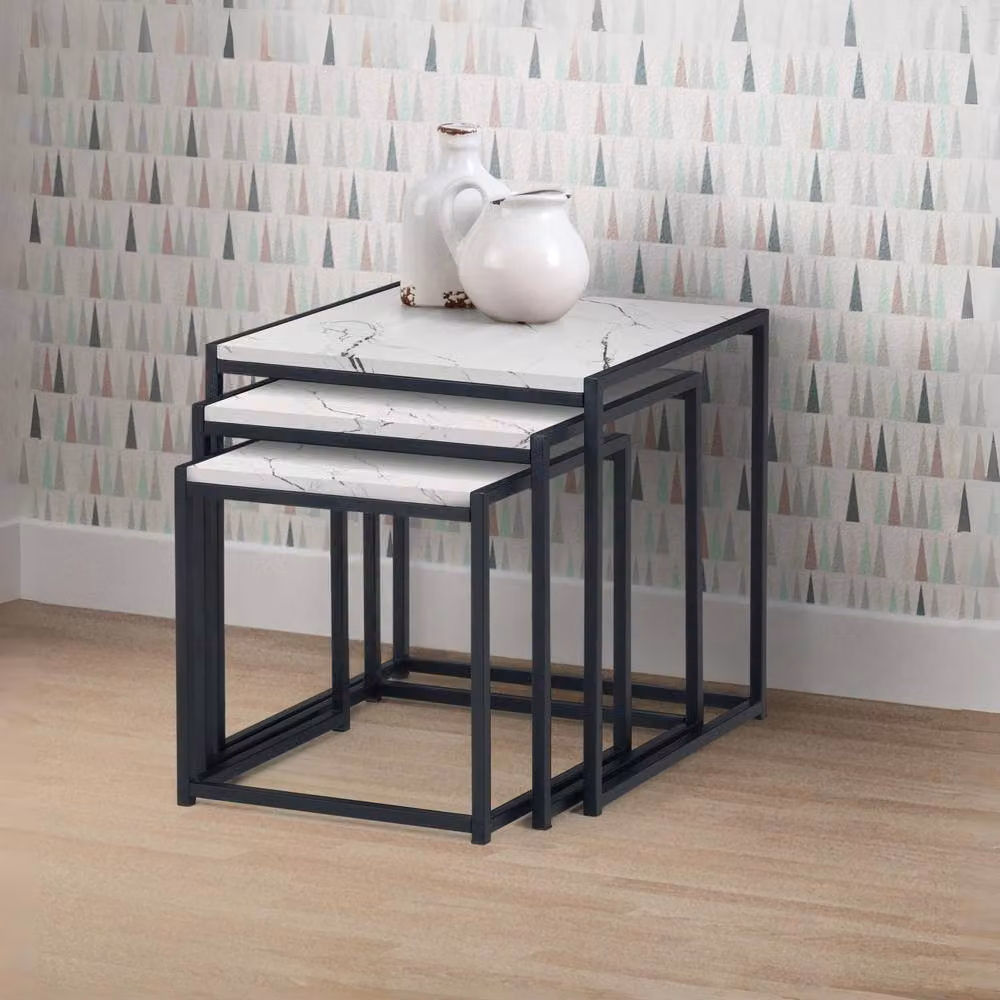 Cheshire Camden Nest of 3 Modern Square Tables with White Marble and Stone Tops – 2