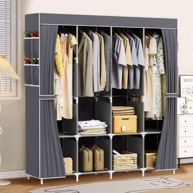 SPETLEK Large Fabric Canvas Wardrobe in Grey with Hanging Rod and Internal Shelves, W/D/H: 170 x 45 x 45 cm – 1