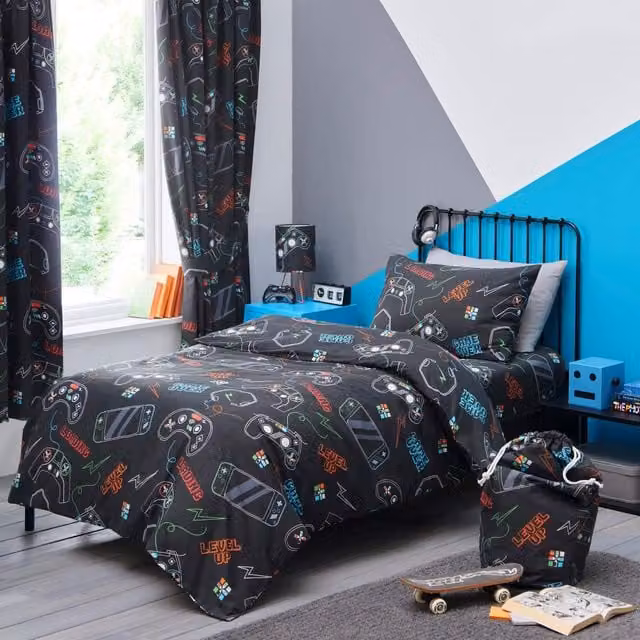 Happy Linen Company Reversible Graphic Kids Duvet Cover and Pillowcase Set, Black, W/D/H: 140 x 200 cm and 50 x 75 cm