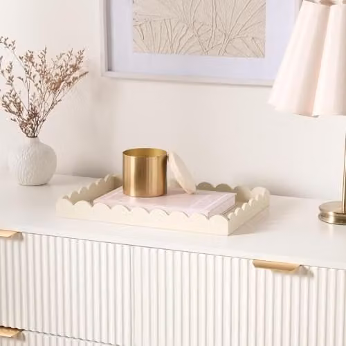 OHS Scallop Edge Decorative Wooden Serving Tray in Beige, W/D/H: 34.0 x 24.0 x 3.0 cm
